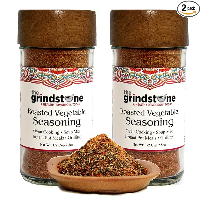 The Grindstone, Roasted vegetable seasoning and spice mix, Hand blended rubs and spices for roasting, baking, bbq, 2.8 oz. Glass Jar with Sifter, Pack of 2