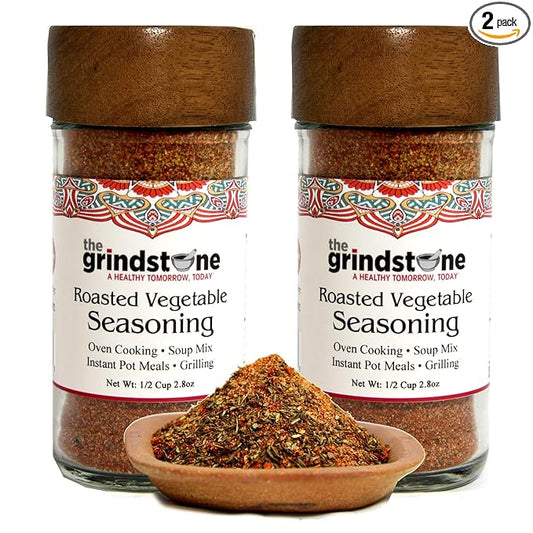 The Grindstone, Roasted vegetable seasoning and spice mix, Hand blended rubs and spices for roasting, baking, bbq, 2.8 oz. Glass Jar with Sifter, Pack of 2