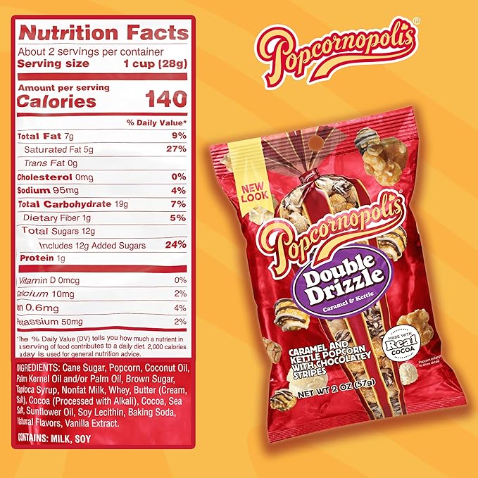 Popcornopolis Double Drizzle 6 ct, 2 oz Case, Caramel and Kettle with Chocolatey Stripes Flavored Indulgent Popcorn