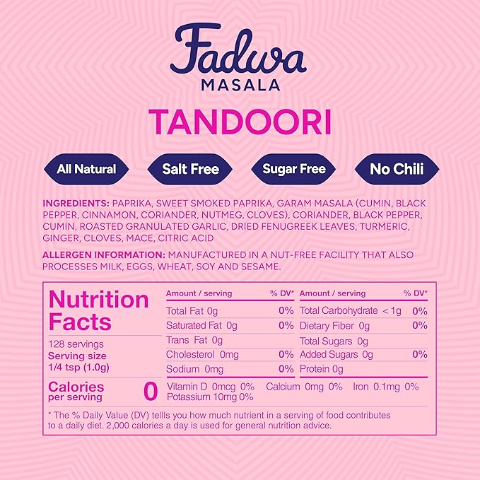 Fadwa Masala Tandoori Spice Mix - 4.5 oz Jar, Salt & Sugar Free, Non-Spicy Authentic Desi Spices for Pakistani & Indian Cooking, Curry, Garam Masala - No Artificial Ingredients - Gluten Free