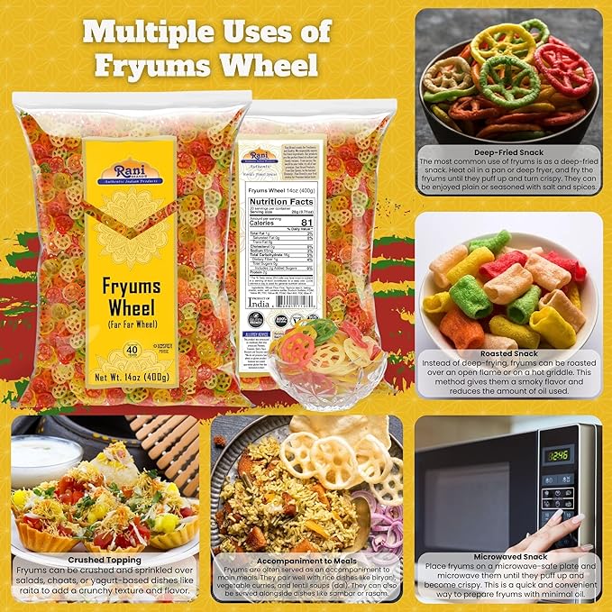 Rani Far Far/Fryums (Wheat & Tapioca Pellet) Wheel Shape 14oz (400g) ~ Vegan, Kosher, Uncooked, Used to Make Papad, Bhungra/Chip Snack