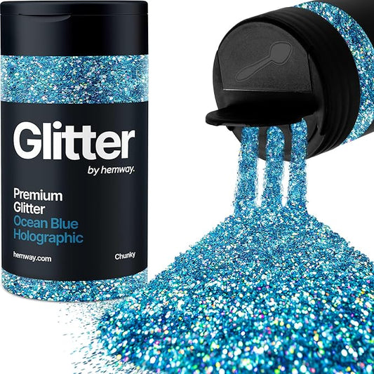 Hemway Premium Glitter Shaker - Ocean Blue Holographic | Chunky Metallic Flake Sequins for Resin & Epoxy Crafts | Craft Supplies for Tumblers, Festival, Face, Body, Eye & Nail Art Decoration | 115 g