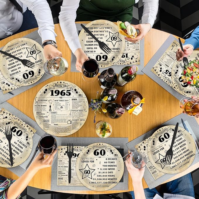 96Pcs Back in 1965 Plates and Napkins 60th Birthday Party Decorations Vintage 60 Year Old Party Dessert Plates 1965 Tableware for 24 Guests 60th Theme Men Women Birthday Supplies
