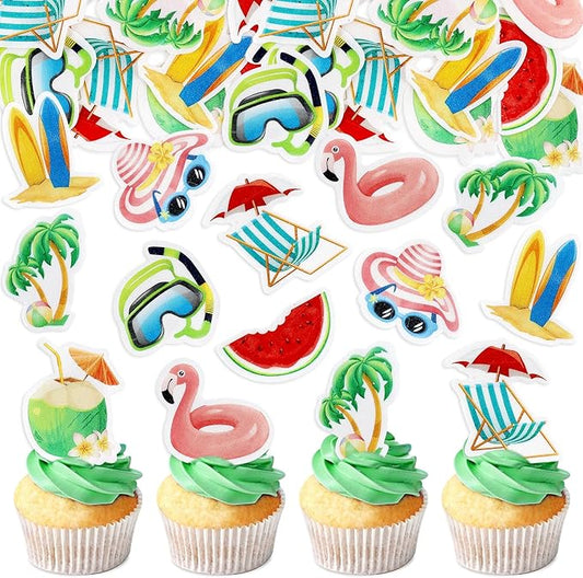 40cs Edible Summer Beach Hawaii Cupcake Toppers Watermelon Ice Scream Palm Tree Surfboard Swimming Pool Ball Slipper Cupcake Picks Baby Shower Summer Theme Birthday Party Cake Decorations