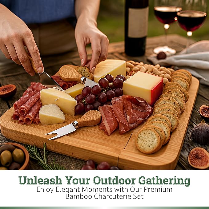 Dynamic Gear Bamboo Charcuterie Cheese Board Set with Knives - Low Maintenance Surface - Perfect for Wine and Cheese Nights - Sleek and Minimal Design - 13x13x2 inches - Dark Brown