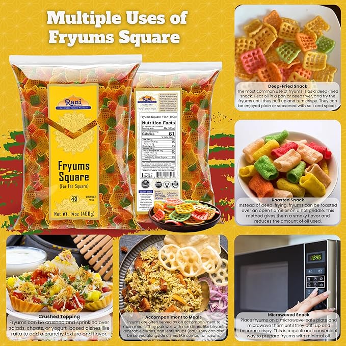 Rani Far Far / Fryums (Wheat & Tapioca Pellet) Square Shape 14oz (400g) ~ Vegan, Kosher, Uncooked, Used to Make Papad, Bhungra / Chip Snack