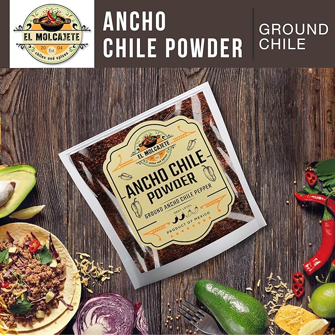 Ancho Chile Powder 4 oz Premium Single Ingredient From Mexico El Molcajete Brand for Sauces, Salsa, Pasta, Chili, Meat, Pizza, Potatoes, Vegetables, Soups, Stews, Chicken and BBQ