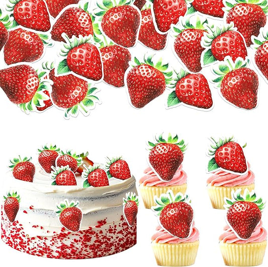 60 PCS Edible Strawberry Cupcake Toppers Wafer Paper Sweet Strawberry Birthday Cake Decorations Edible Berry Strawberry Cupcake Picks for Baby Shower Wedding Birthday Party Food Decorations Supplies