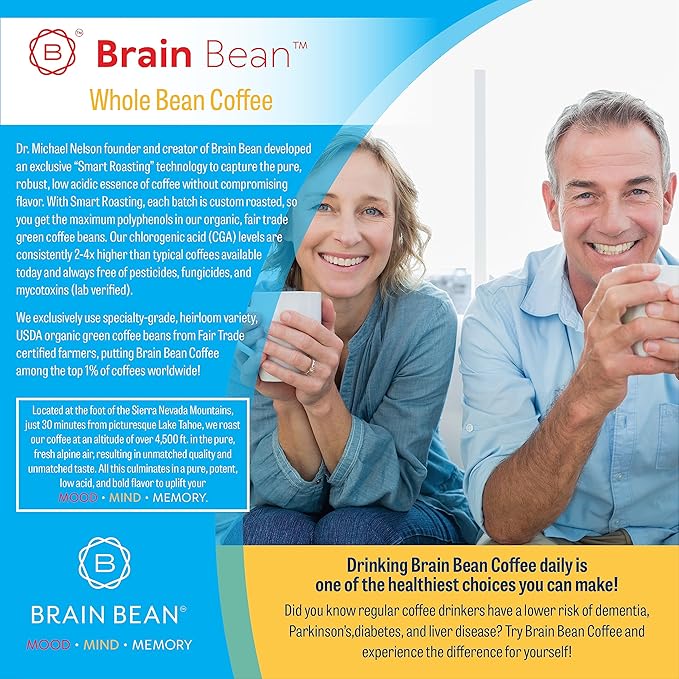 Brain Bean Organic Coffee ??Smooth Taste & Rich Medium Roast ??High Antioxidant & USDA certified organic for Cognitive Support, Mood Enhancement & Toxin Removal - Whole Bean Coffee ??16 oz (1-Pack)