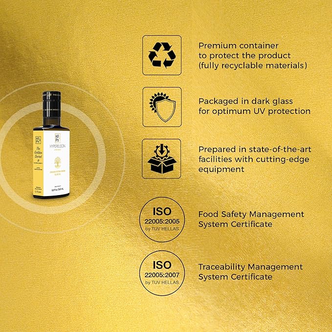 HYPERELEON ULTRA GOLD | Premium, Organic, Supremely Rich in Polyphenols, Greek Extra Virgin Olive Oil 100% Pure & Natural | Bio & Unfiltered - 120 Top Global Awards | 260ml (Pack of 1)