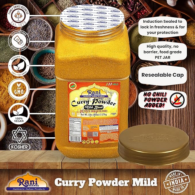 Rani Curry Powder Mild (10-Spice Authentic Indian Blend) 5lbs (2.27kg) PET Jar ~ All Natural | Salt-Free | NO Chili or Peppers | Vegan | No Colors | Gluten Friendly | NON-GMO | Kosher | Indian Origin