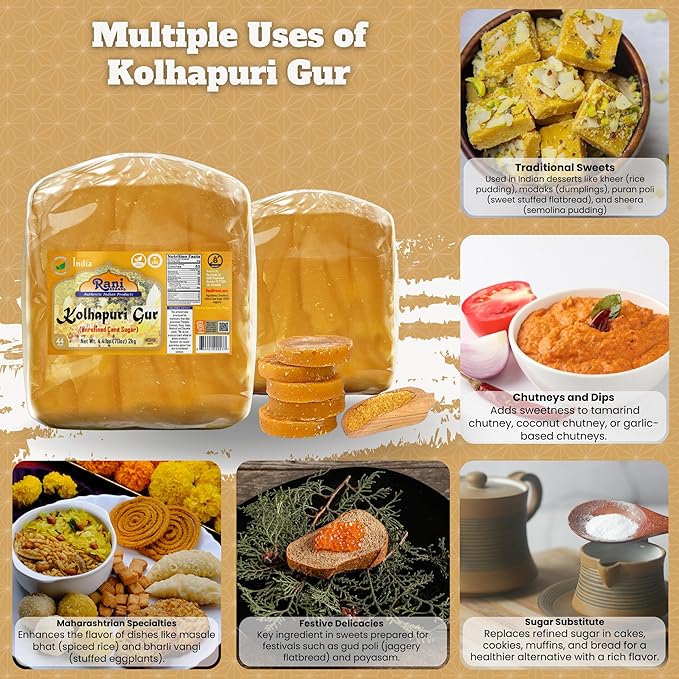 Rani Kolhapuri Gur (Jaggery) 70oz (4.4lbs) 2kg ~ Unrefined Cane Sugar, No Color added, Gluten Friendly | Vegan | NON-GMO | Kosher | No Salt or fillers