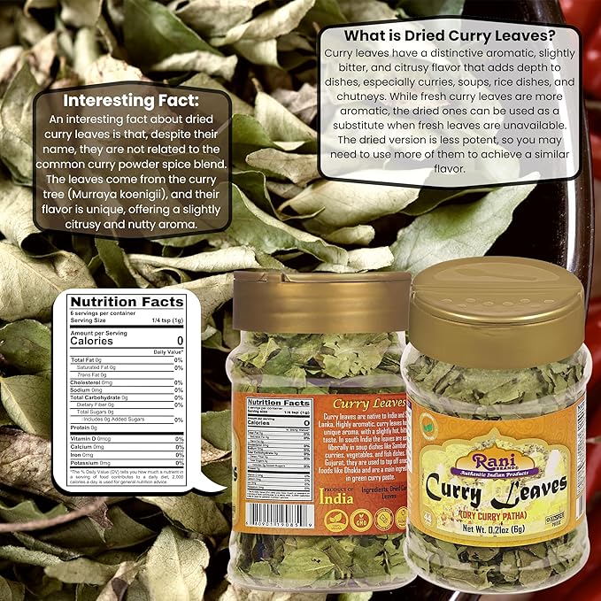 Rani Dried Curry Whole Leaves (Kari Neem Patha) Indian Spice 0.21oz (6g) PET Jar ~ Non-irradiated | All Natural | Vegan | Gluten Friendly | NON-GMO | Kosher | Product of USA