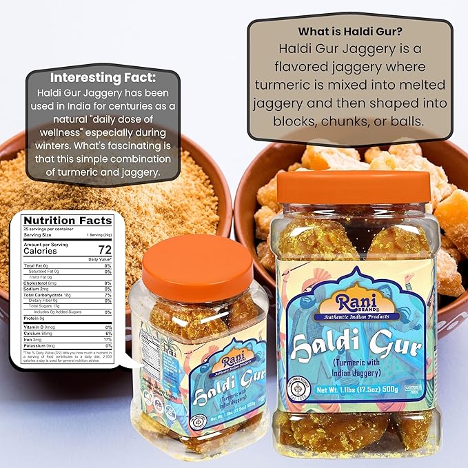 Rani Haldi Gur (Turmeric with Indian Jaggery) Indian Unrefined Raw Cane Sugar 17.5oz (1.1lbs) 500g PET Jar ~ Gluten Friendly | Vegan | NON-GMO | Kosher | No Salt or fillers | Indian Product