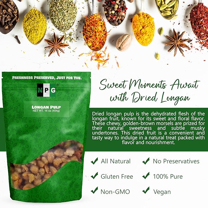 NPG Dried Longan Pulp 16 Oz, Meat Fruit, Gui Yuan, Lung Gan, No Additives, Edible, Perfect for Teas, Snacks, Desserts, Cooking, Premium Quality, Dragon Eye