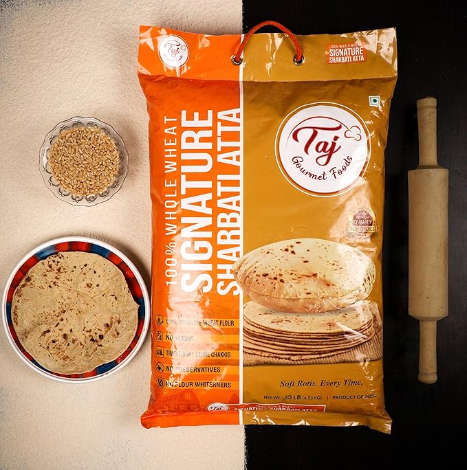 TAJ Signature Sharbati Atta, 10lbs, (Chakki Atta - Stone Ground) 100% Whole Wheat Flour, Chappati Flour
