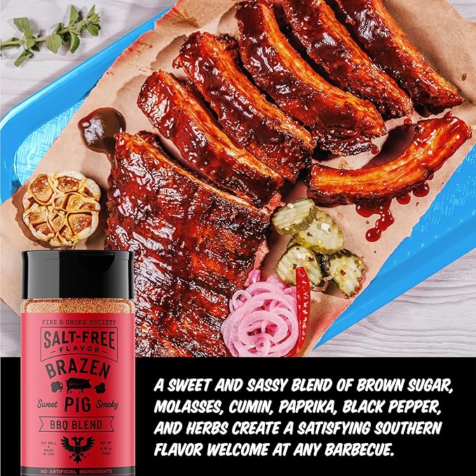 Fire & Smoke Society Salt-Free Brazen Pig BBQ Seasoning | Pork Rub, BBQ Spice Blend | Pork, Chicken, Smoked Butt, Ribs | Brown Sugar, Paprika, Cumin | M 4.6 oz