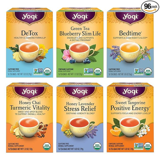 Yogi Tea Favorites Variety Pack - 16 Bags per Pack (6 Packs) - Organic Gift Box - Includes Sweet Tangerine Positive Energy, Honey Lavender Stress Relief, Bedtime & More