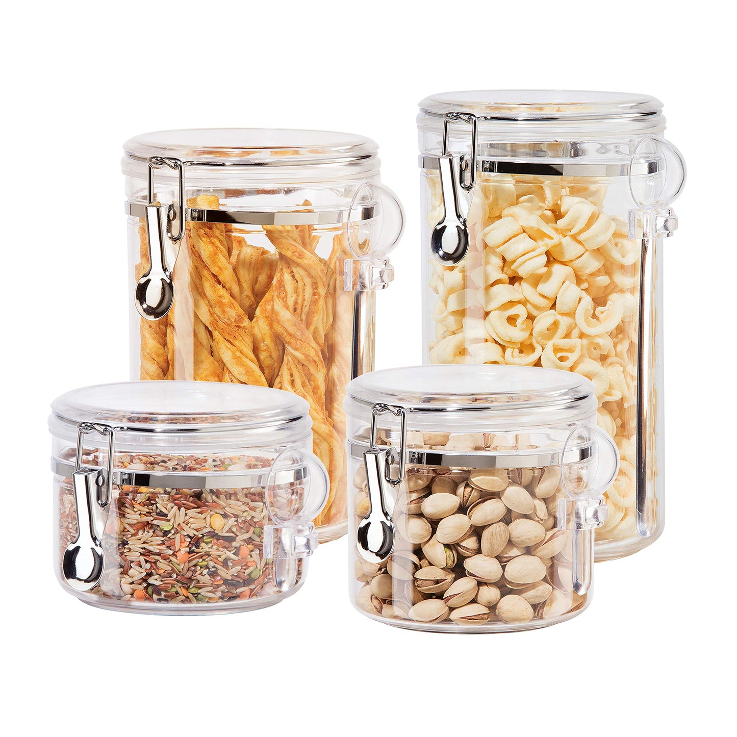 Oggi 4pc Clear Canister Set with Clamp Lids & Spoons - Airtight Food Storage Containers, Ideal for