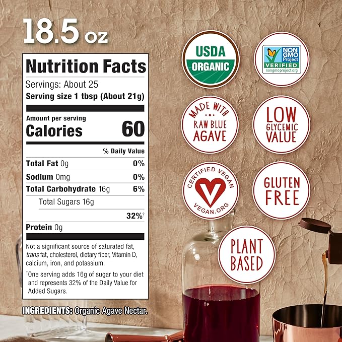 Organic Agave In The Raw Light Agave Nectar, 18.5 oz., Made With Organic Blue Agave From Mexico, USDA Organic, Non-GMO Project Verified, Kosher Vegan and Low Glycemic Index
