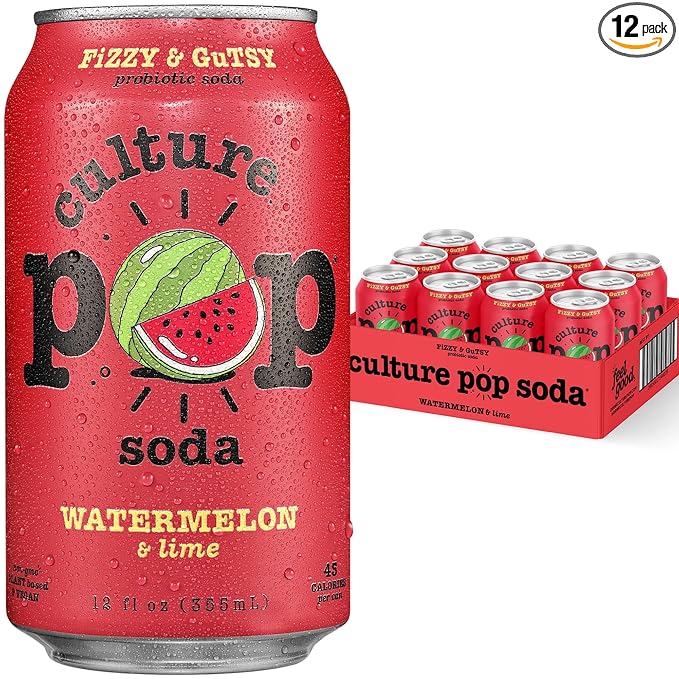 Culture Pop Soda, Watermelon & Lime, Probiotic Low Sugar Soda, Sparkling Juice Alternative, Non-GMO, Kosher, Gluten-Free, No Stevia (12pk)