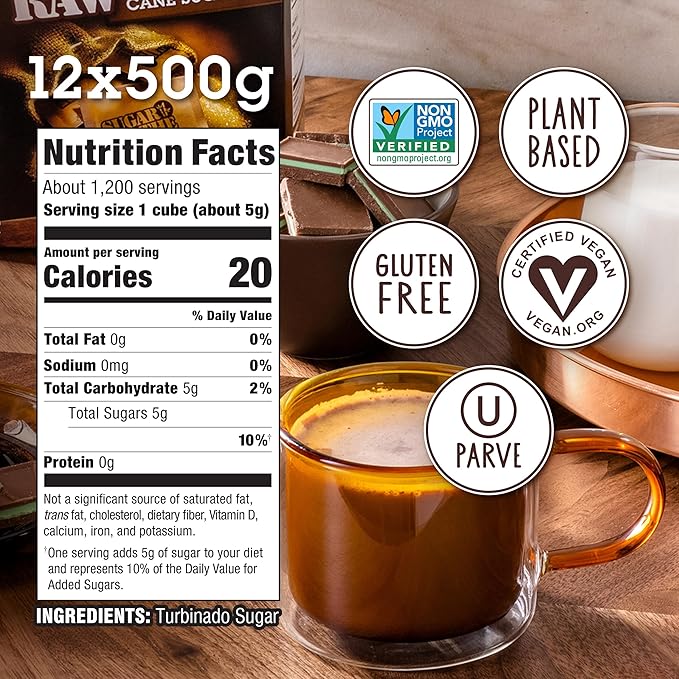 Sugar In The Raw Granulated Turbinado Cane Sugar Cubes, No Added Flavors or erythritol, Pure Natural Sweetener, Hot & Cold Drinks, Coffee, Vegan, Gluten-Free, Non-GMO, 25 Counts (12-Pack)