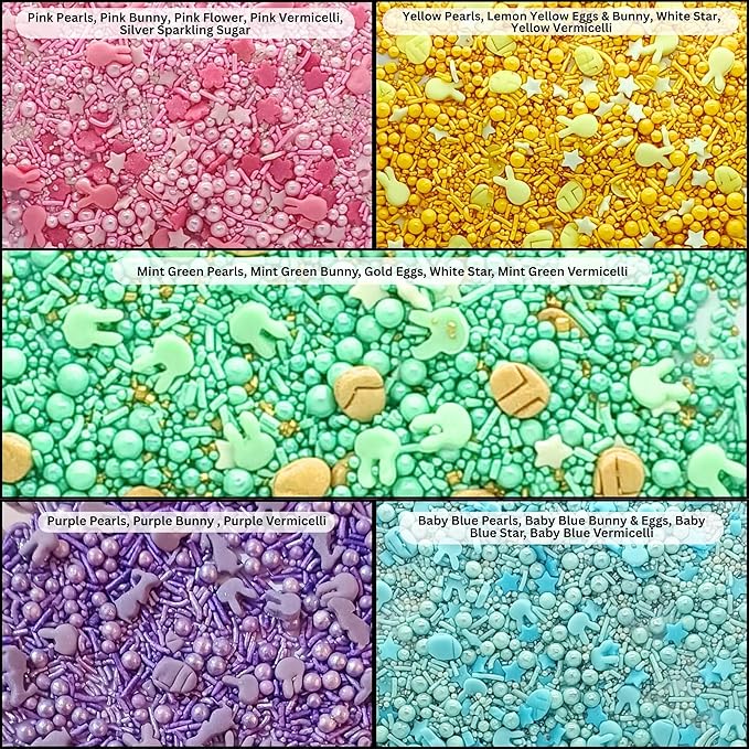 Confect Easter Sprinkles Edible | Assorted pack of 5 Parrot Green, Pink, Sky Blue and Yellow Pearls & Stars I Cookies, Desserts & cupcake Decorating | Edible Sprinkles Mix for Baking & Cake Decorative