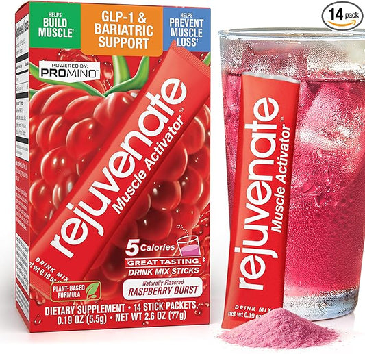 Rejuvenate ??1 Stick Delivers 25g of Whey Protein Equivalency for Muscle Growth & Energy ??Essential Amino Blend (EAA + BCAA), GLP-1 & Bariatric Approved, Raspberry Burst, 14 Count