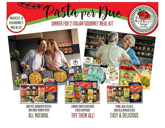 Imported Italian Dinner for Two Meal Kit - Basil Pesto, Ricotta & Peppers Pesto, Pasta, Seasonings and Sweets Gift Box