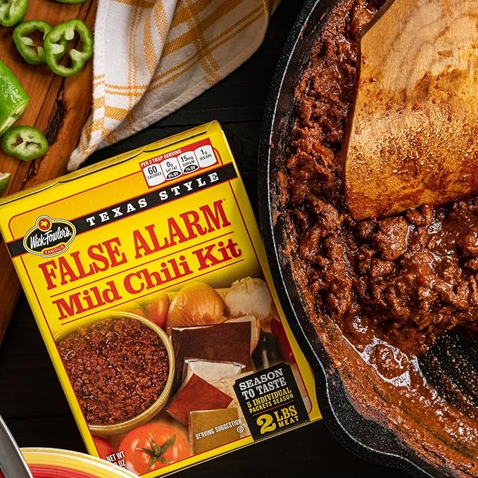 Wick Fowler's False Alarm Mild Chili Kit, Texas Style Chili Seasoning Mix with Individual Packs of Spices, 2.8oz Box (Pack of 2)