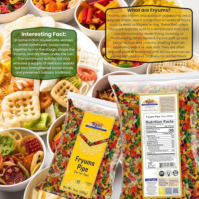 Rani Far Far/Fryums (Wheat & Tapioca Pellet) Round/Pipe Shape 14oz (400g) ~ Vegan, Kosher, Uncooked, Used to Make Papad, Bhungra/Chip Snack