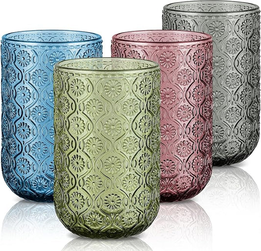 Joeyan Vintage Drinking Glasses,Embossed Floral Highball Glass Water Tumbler,14 oz Colored Beverages Juice Cocktail Beer Wine Glassware Cups,Set of 4,Dishwasher Safe