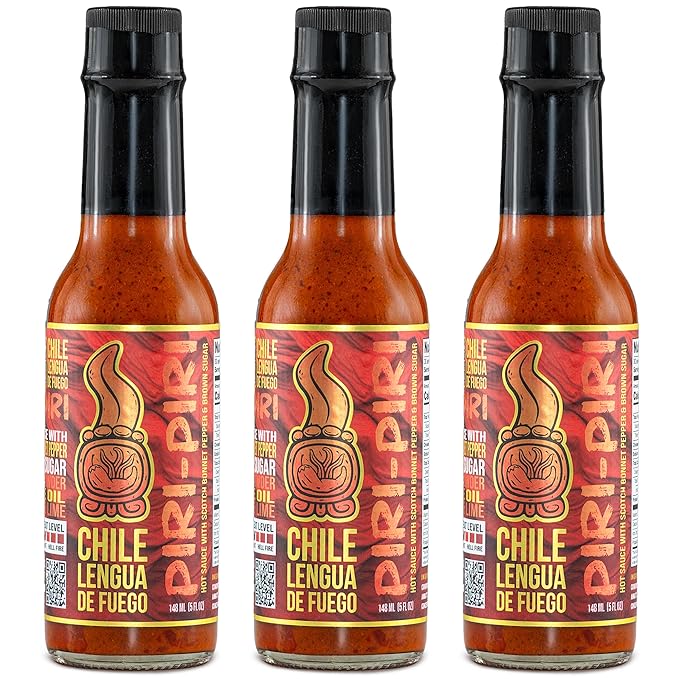 Hot Sauce | Chile Lengua de Fuego (Pack of 3, Piri Piri) – Medium Heat Gourmet Sauce with Scotch Bonnet, Garlic, Annatto & Lime, Portuguese-Style Hot Sauce Trio