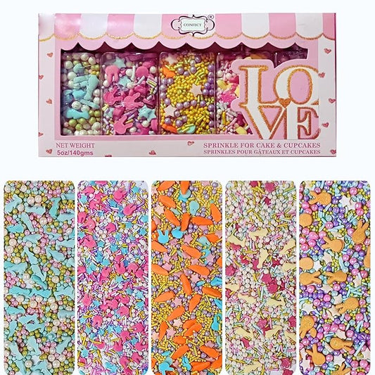 Confect Easter Sprinkles Edible | Assorted pack of 5 White, Sky Blue, Pink, Yellow, Pearls, Easter Bunny & Vermicelli I Cookies, Desserts & cupcake Decorating | Edible Sprinkles Mix for Baking & Cake