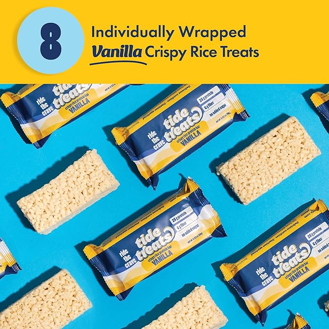 25g Protein Bar Crispy Rice Treat Vanilla | Clean Ingredients, No Added Sugar, 7g Fiber, Gluten Free | High Protein Snack for On-the-Go, Post-Workout or Dessert Cravings | 8 Count | TideTreats