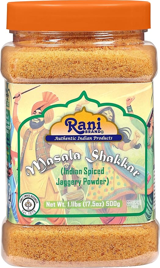 Rani Masala Shakkar (Indian Spiced Jaggery Powder) Unrefined Raw Cane Sugar 17.5oz (1.1lbs) 500g PET Jar ~ Gluten Friendly | Vegan | NON-GMO | Kosher | No Salt or fillers | Indian Product