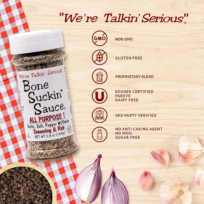 Bone Suckin' All Purpose Seasoning & Rub, Zero Calorie, Sugar Free, Gluten Free, Non GMO, No MSG, Kosher, Garlic, Salt, Pepper & Onion