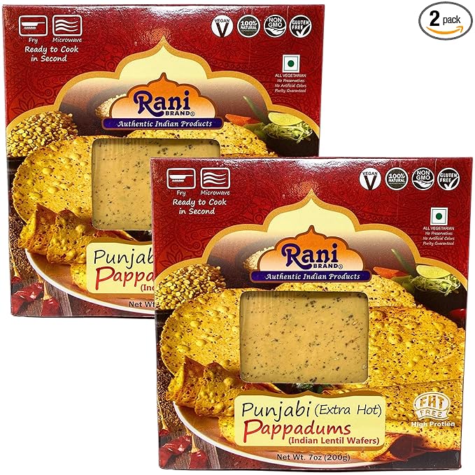 Rani Pappadums (Indian Lentil Wafer Snack) Punjabi Papad - Extra Hot, 7oz (200g) Approximately 15pc, 7 inches, Pack of 2 ~ All Natural | Gluten Friendly | NON-GMO | Vegan | Indian Origin