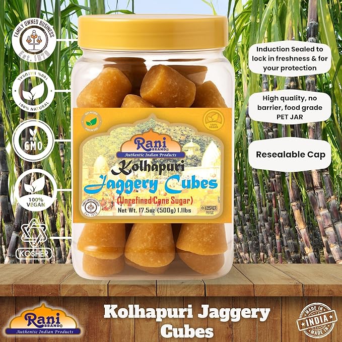 Rani Kolhapuri Jaggery Cubes (Unrefined Cane Sugar) 17.5oz (1.1lbs) 500g PET Jar ~ All Natural, No Color added, Gluten Friendly | Vegan | NON-GMO | Kosher | No Salt or fillers