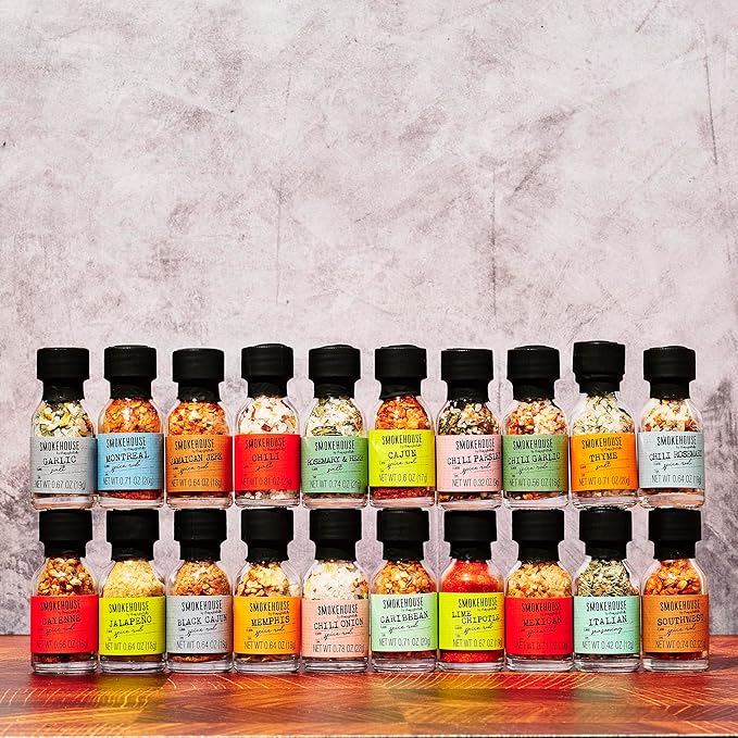 Smokehouse by Thoughtfully Holiday Ultimate Grilling Spice Seasoning Gift Set,Flavors Include Chili Garlic, Rosemary and Herb, Lime Chipotle and More, Christmas Wrap, Set of 20