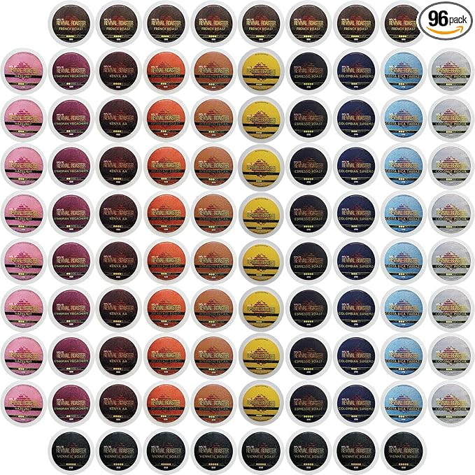 InfuSio Coffee Pods Variety Pack – 96 Count, 12 Crafted Medium & Dark Roast Blends and Artisan-Inspired Flavors Like Bourbon Pecan & Butter Toffee, Revival Roaster Collection, Compatible with Keurig 2.0 Brewers