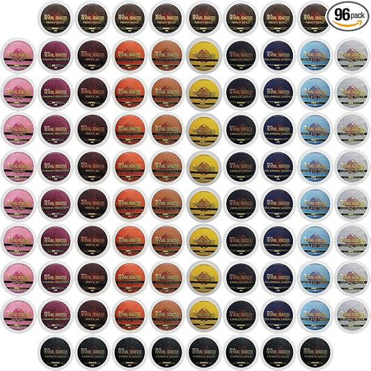 InfuSio Coffee Pods Variety Pack – 96 Count, 12 Crafted Medium & Dark Roast Blends and Artisan-Inspired Flavors Like Bourbon Pecan & Butter Toffee, Revival Roaster Collection, Compatible with Keurig 2.0 Brewers