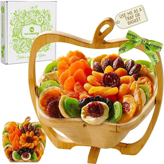 NUT CRAVINGS - Diwali Rosh Hashana & Shana Tova Dried Fruit Flower Arrangement in Wooden Apple-Shaped Gift Basket + Tray (9 Assortment) Healthy Snack Care Package, Food Assortments