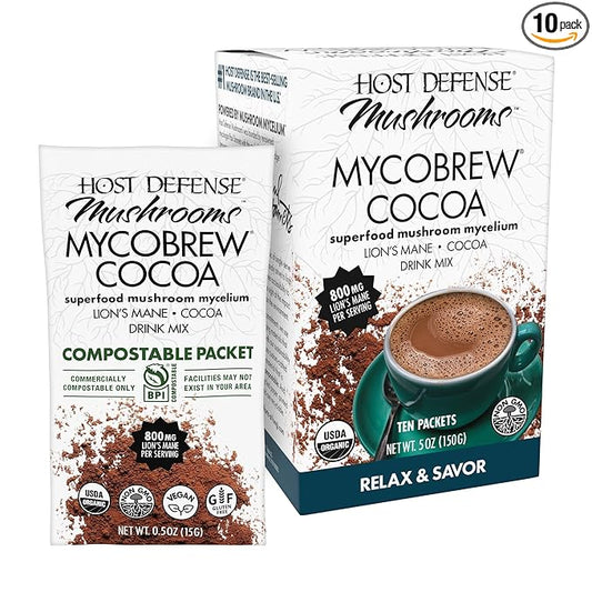 Host Defense MycoBrew Cocoa - Cocoa Drink Mix Includes Lion's Mane Mushroom Powder - Superfood Powder Drink Mix with Fair Trade Certified Chocolate - 10 Packets (10 Servings)