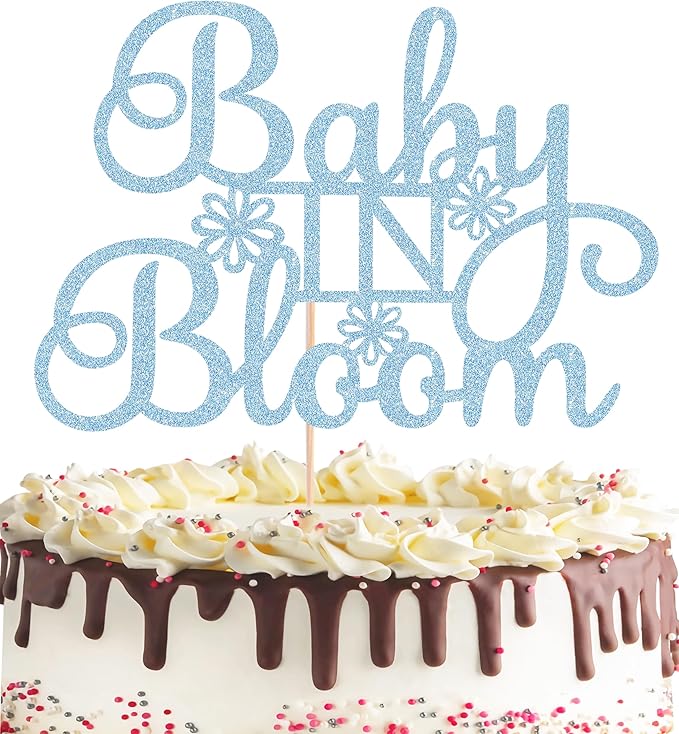 Baby in Bloom Cake Topper - Glitter Light Blue Baby Shower Cake Decorations for Boy or Girl, for Baby Birthday Party or Gender Reveal Party Photo Booth Props