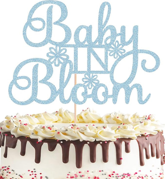 Baby in Bloom Cake Topper - Glitter Light Blue Baby Shower Cake Decorations for Boy or Girl, for Baby Birthday Party or Gender Reveal Party Photo Booth Props