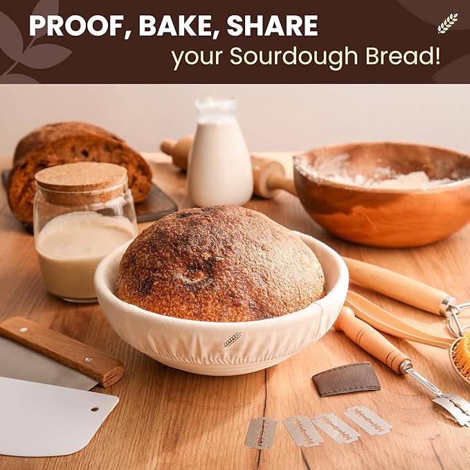 BAKERIA 9" Banneton Proofing Basket Kit (Round) ??Sourdough Bread Making Set with Danish Whisk, Bread Lame + 5 Blades, 2 Scrapers, Brush, Linen Liner & Recipe Book ??No Starter Culture
