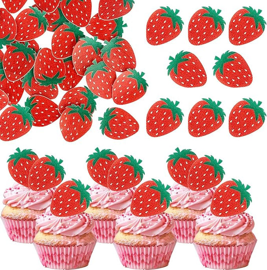 60 Pack Edible Sweet Strawberry Cupcake Toppers Rice Paper Wafer Paper First Birthday Strawberry Cake Picks for Fruit Baby Shower Berry Sweet Kids Birthday Cake Decorations