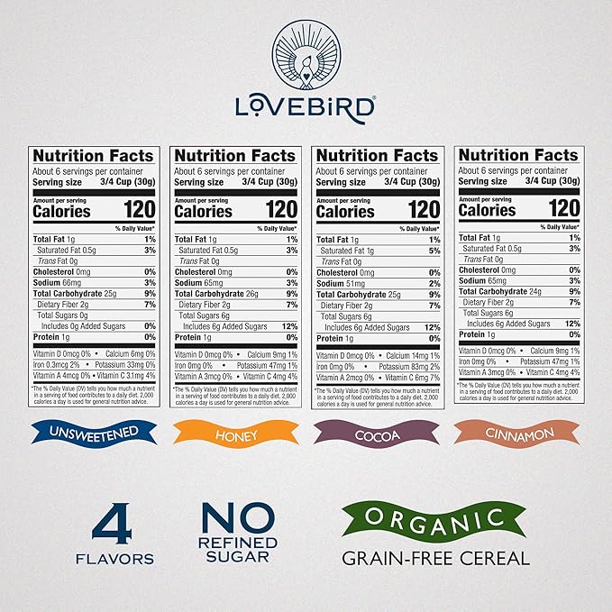 Lovebird Organic Gluten Free Cereal, Variety Pack 2 ??Prebiotic Fiber, Gut Health, Low Sugar, Grain Free, Breakfast or Snack ??Healthy Cereal Made With Real Food, 3 Pack, Kids & Adults