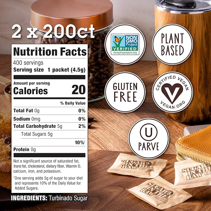 Sugar In The Raw Granulated Turbinado Cane Sugar On The Go Packets, No Erythritol, Pure Natural Sweetener, Hot & Cold Drinks, Coffee, Baking, Vegan, Gluten-Free, Non-GMO, 200 Count Packets (2-Pack)